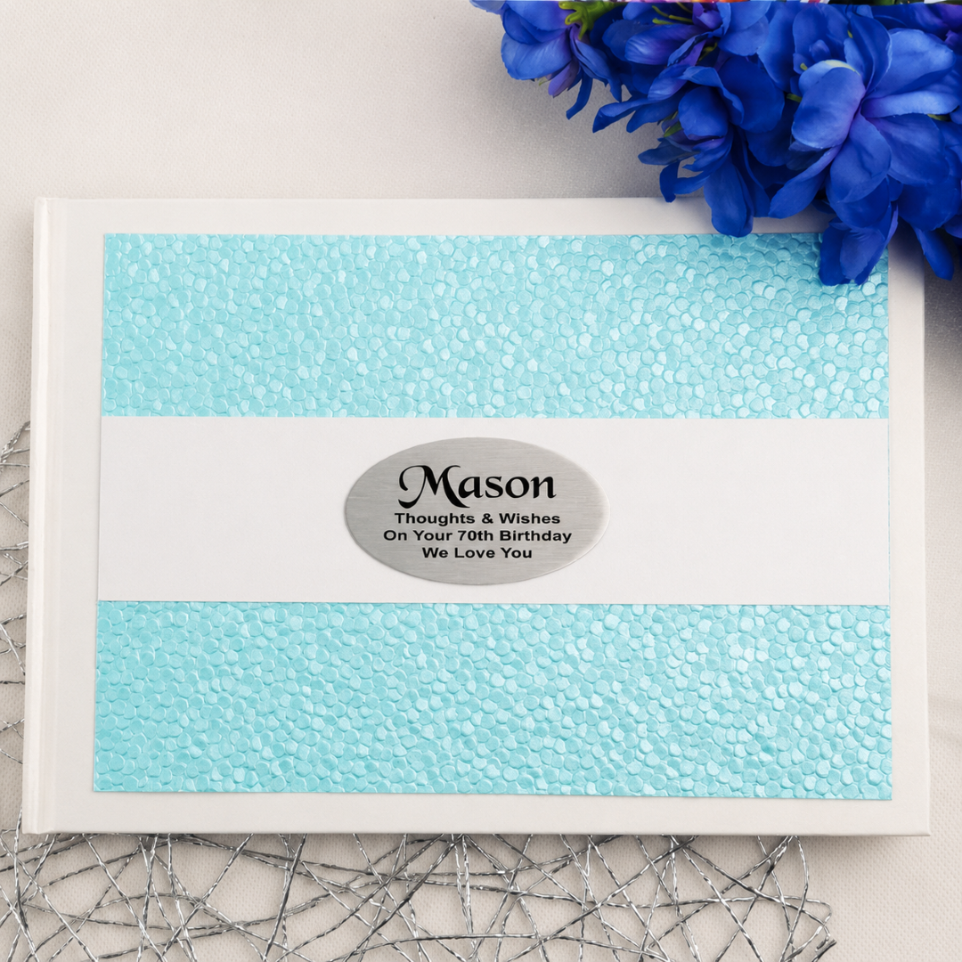 70th Birthday Personalised White & Blue Pebble Guest Book with Custom Plaque