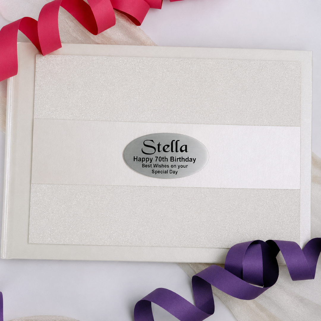 70th Birthday Personalised Cream Glitter Guest Book with Custom Plaque