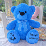 Bright Blue Bear 30cm Memorial Personalised Message on Feet