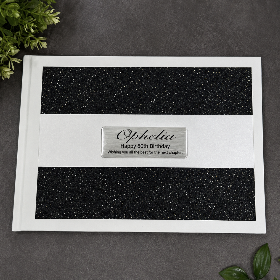 80th Birthday Personalised White Black Glitter Guest Book with Custom Plaque