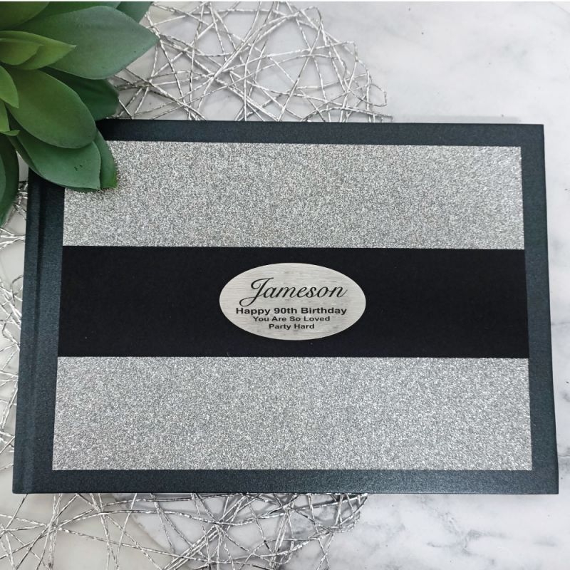 90th Birthday Personalised Black & Silver Glitter Guest Book with Custom Plaque