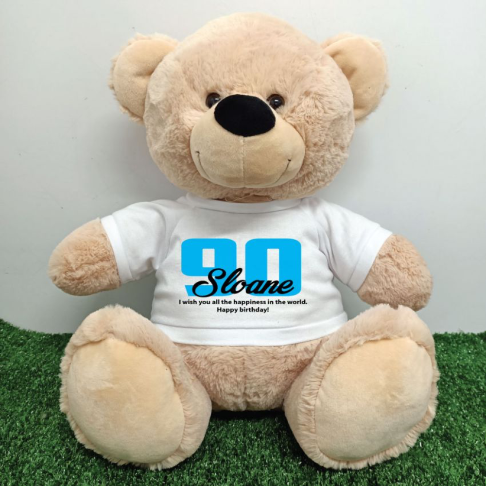 Personalised 30cm Beige Bear 90th Birthday Message on Shirt