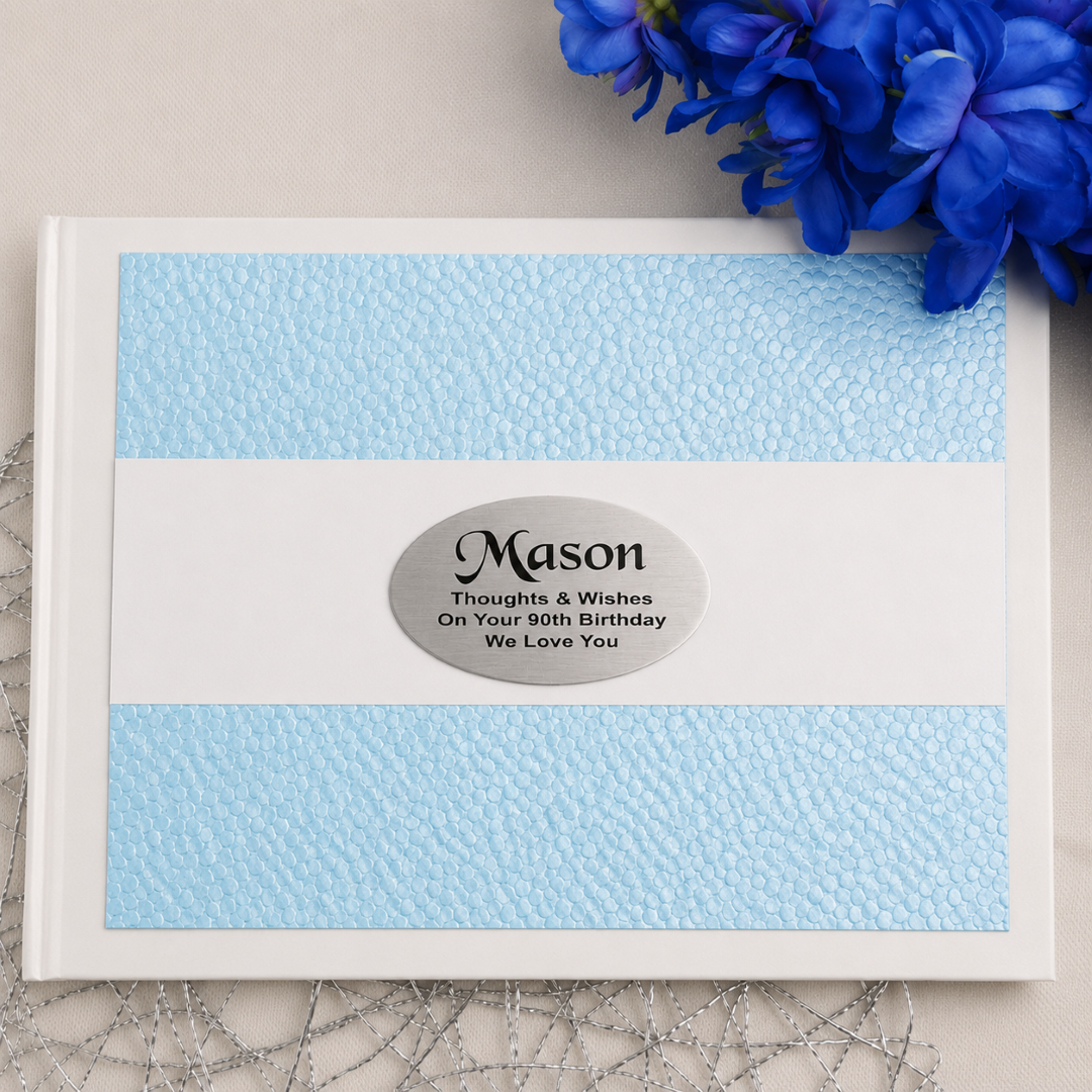 90th Birthday Personalised White & Blue Pebble Guest Book with Custom Plaque