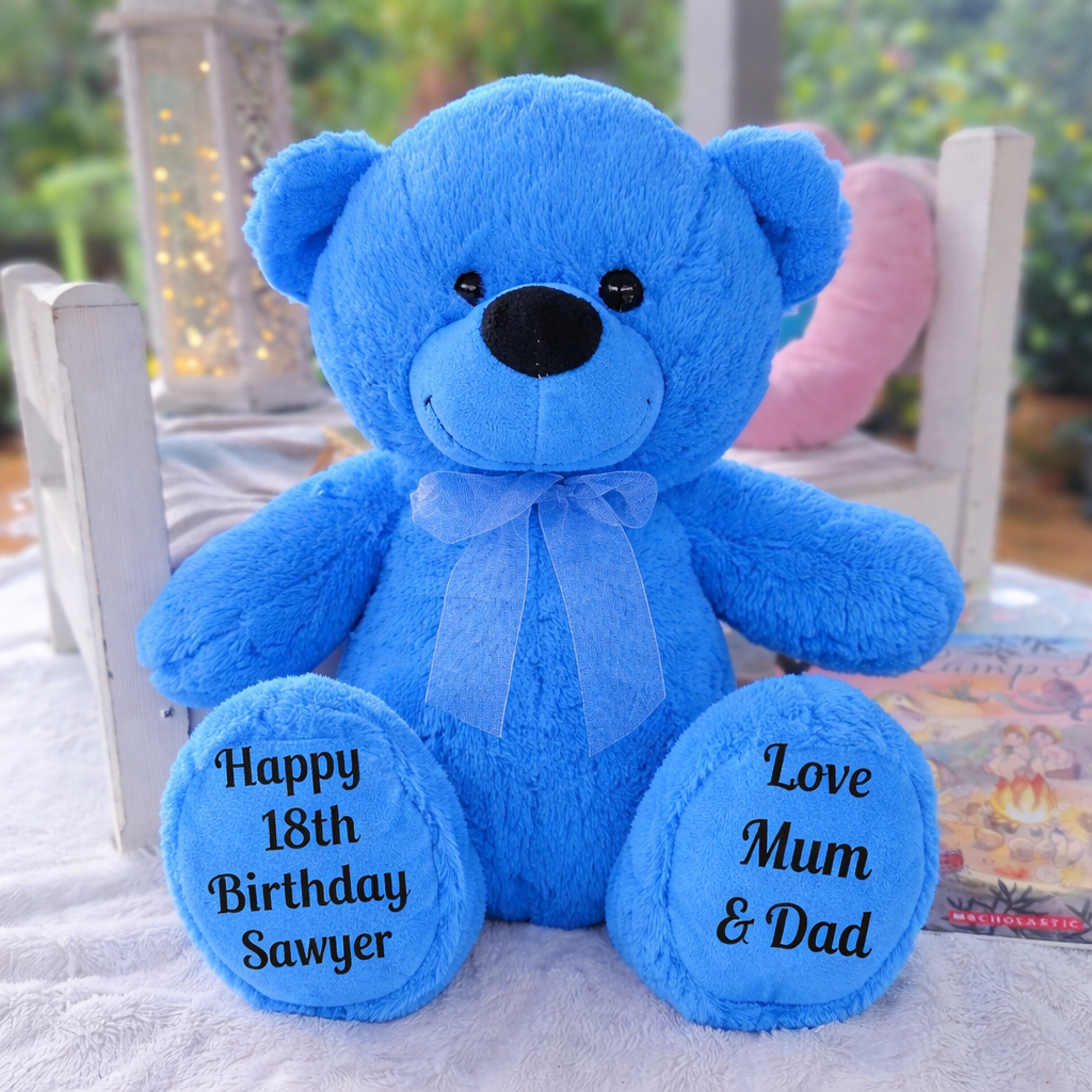 Bright Blue Bear 30cm – 18th Birthday Message on Feet