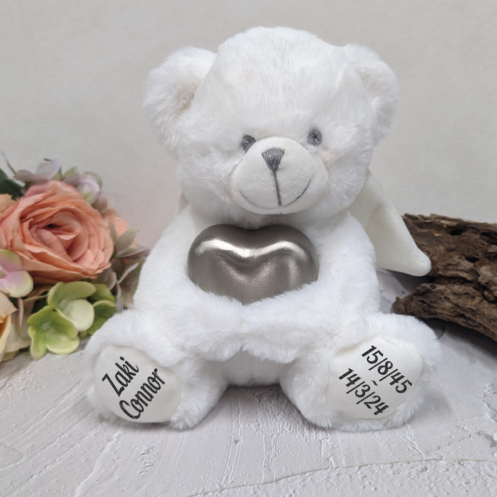 23cm Angel Memorial Bear with Silver Urn – Personalised Message on Feet