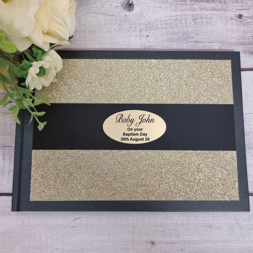 Personalised A5 Gold Glitter Black Band Baptism Guest Book