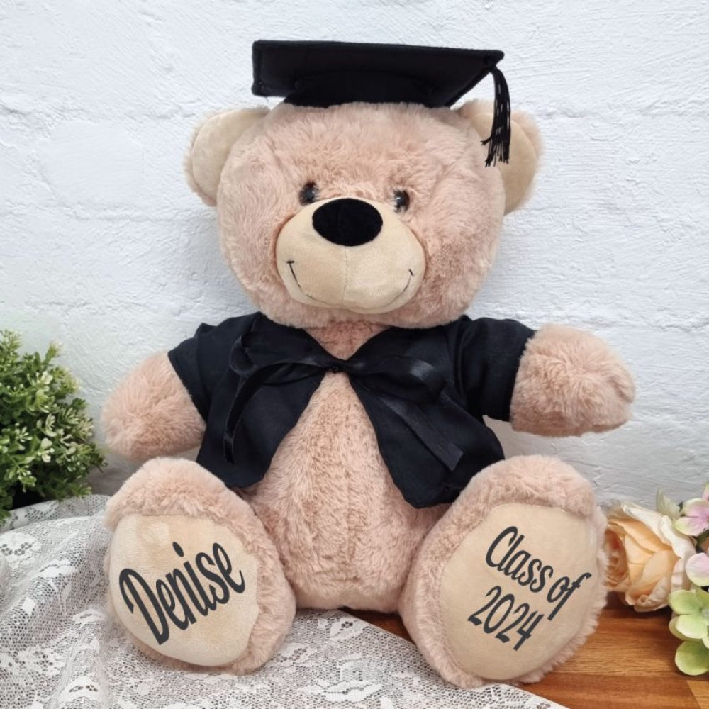 40cm Beige Bear Graduation Gift with Cap and Gown Personalised on Feet