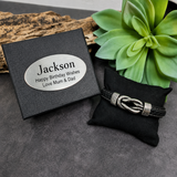 Personalised Black Leather Forever Linked Together Silver Knot Bracelet Gift Box for Birthdays