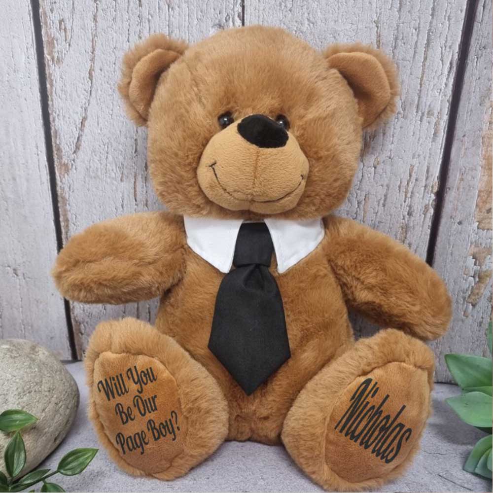 30cm Brown Bear with Black Tie Page Boy Personalised on Feet
