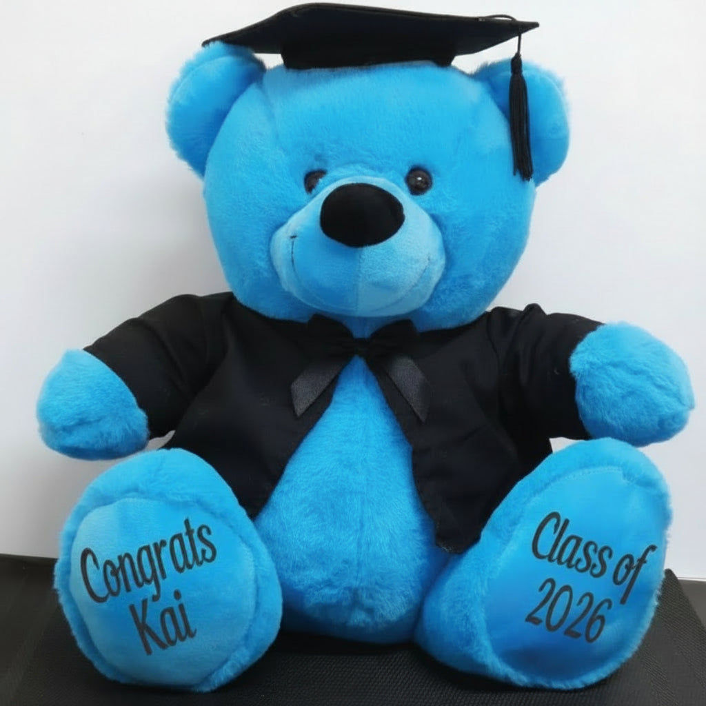 40cm Bright Blue Bear Graduation Gear with Cap and Gown – Message on Feet