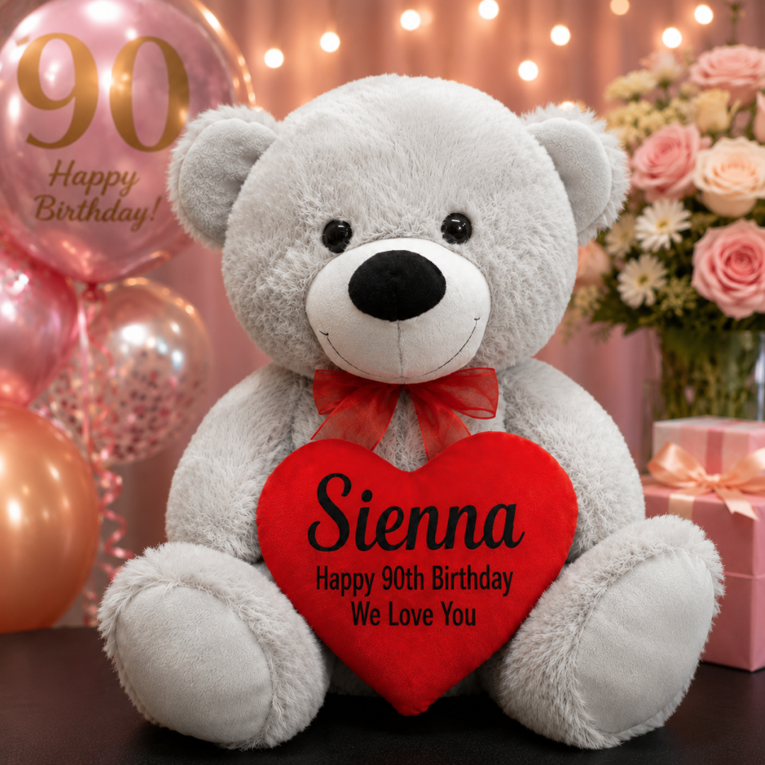 Silver Bear 40cm 90th Birthday Message on Heart