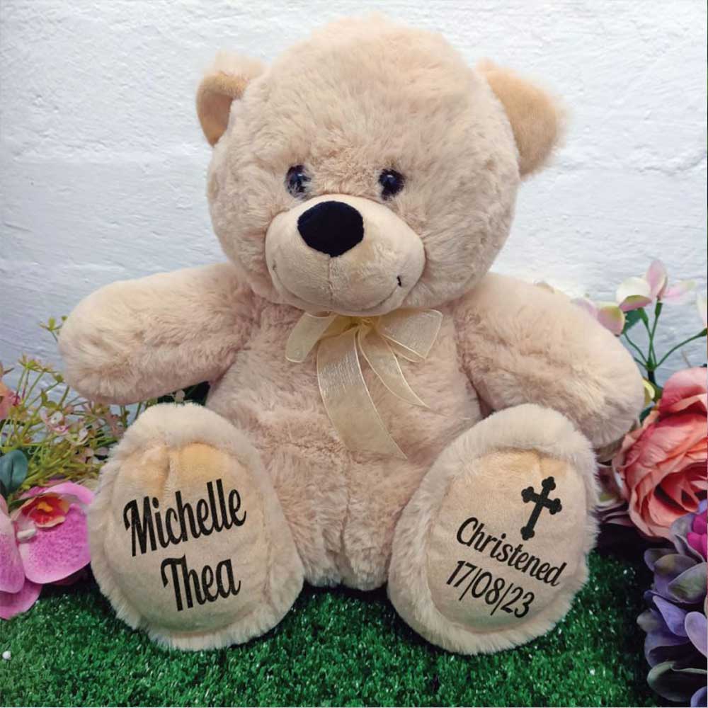 Beige Bear 30cm Christening Personalised Message on Feet