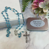 Personalised Aqua Diamante Rosary Beads Gift Box with Plaque for Christening