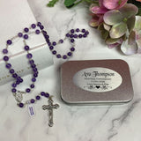 Personalised Amethyst Rosary Beads Gift Box with Plaque for Holy Communion