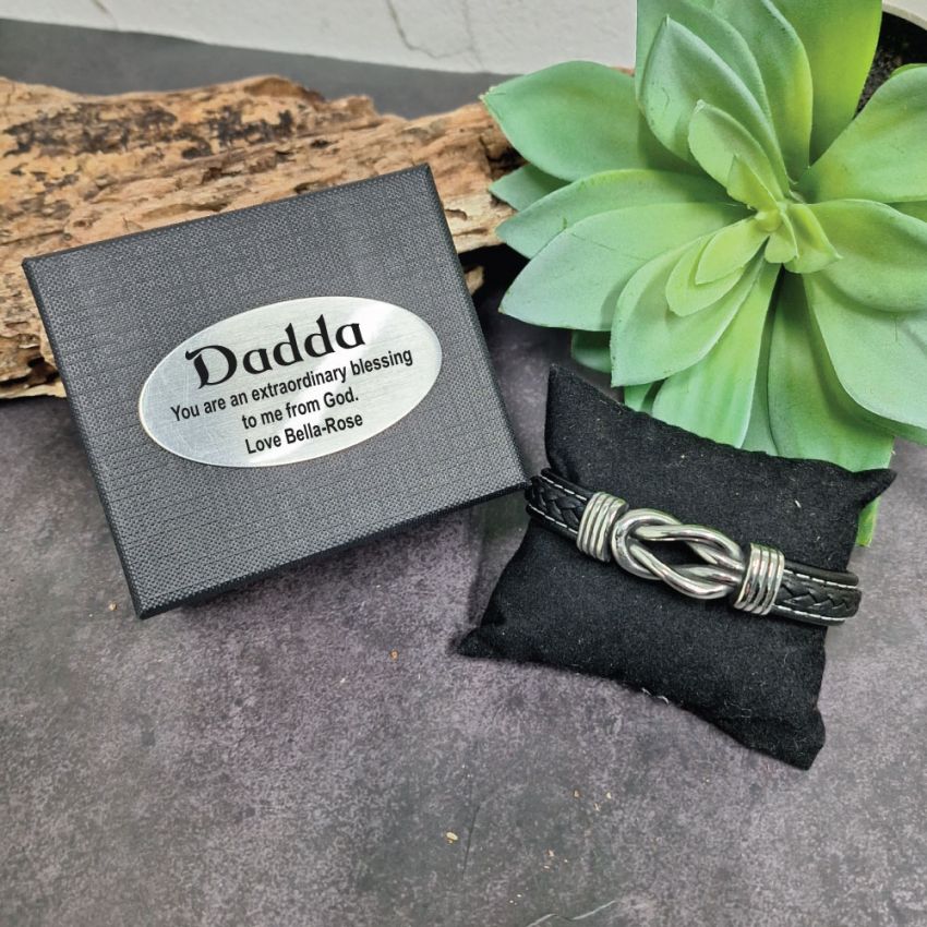 Dads Black Leather Forever Linked Together Silver Knot Bracelet