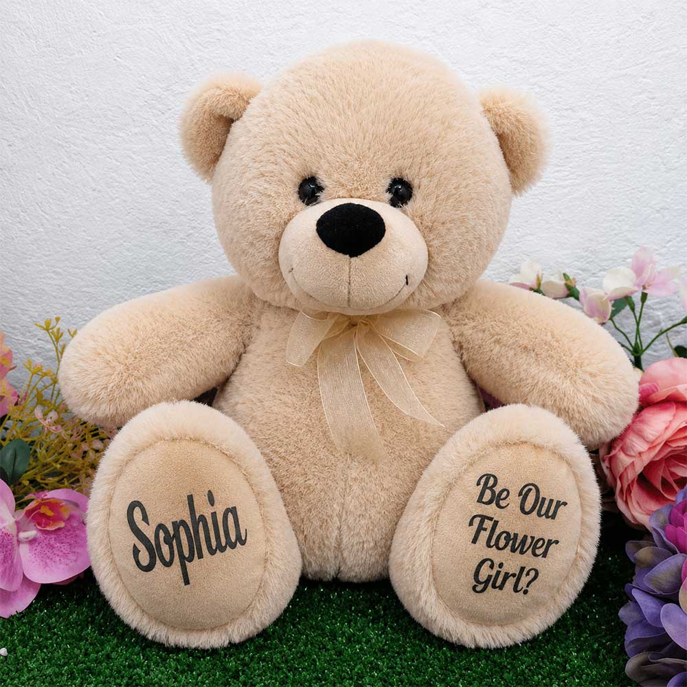 40cm Beige Bear Flower Girl Personalised Message on Feet