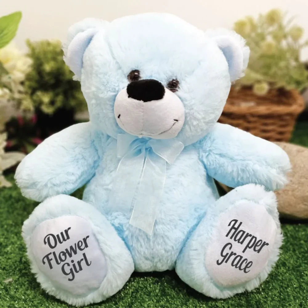 Light Blue Bear 40cm Flower Girl Personalised Message on Feet