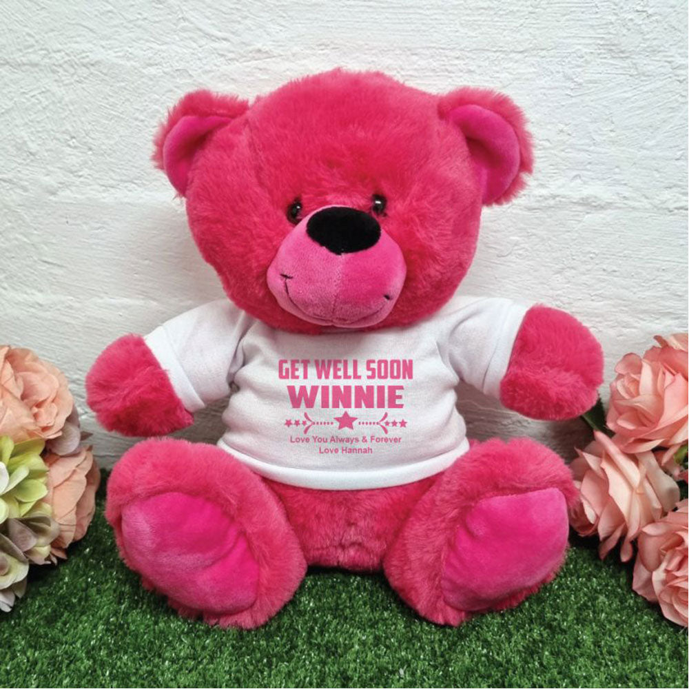 Hot Pink Bear 40cm Get Well Soon with Message on Shirt
