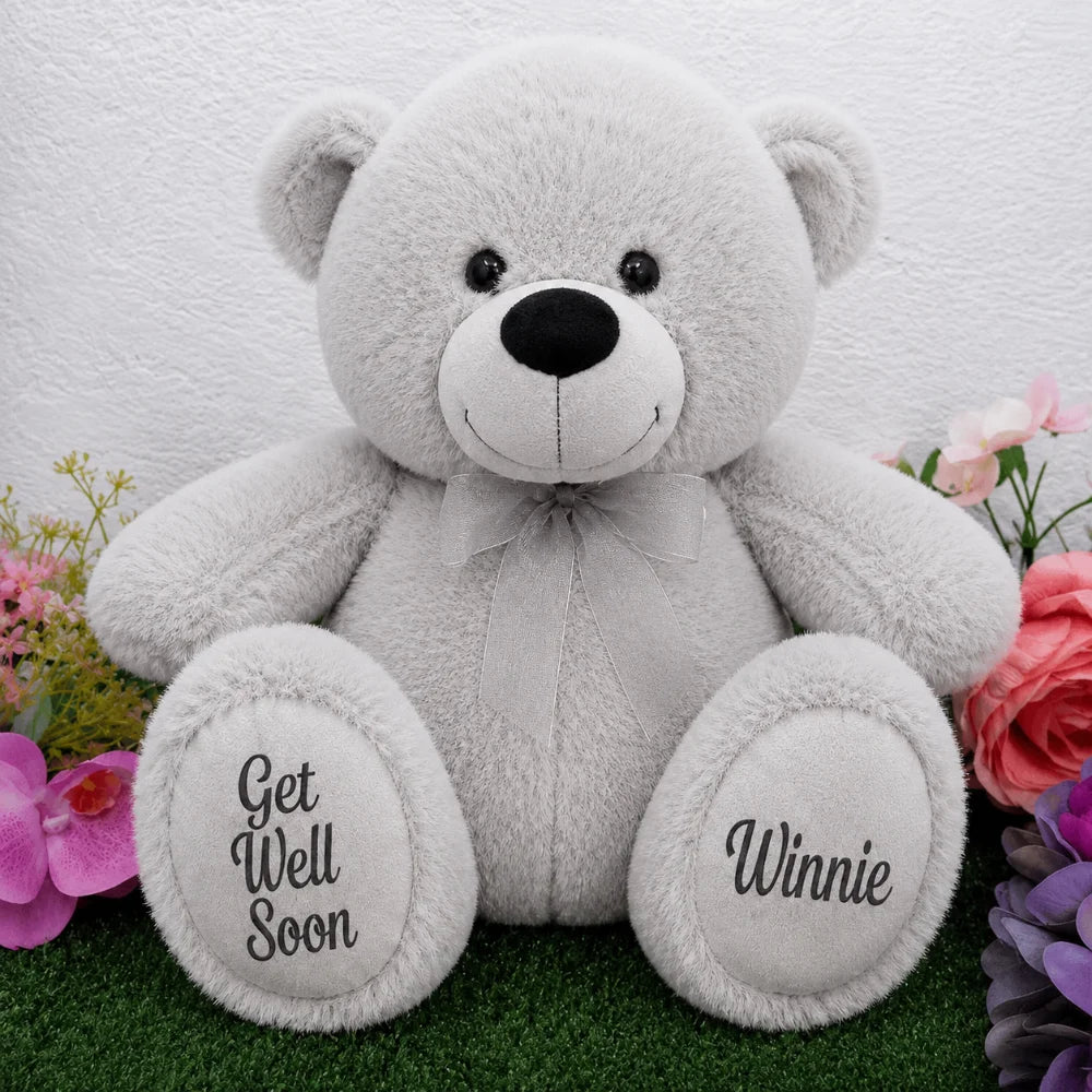 30cm Silver Bear Get Well Soon Personalised Message on Feet