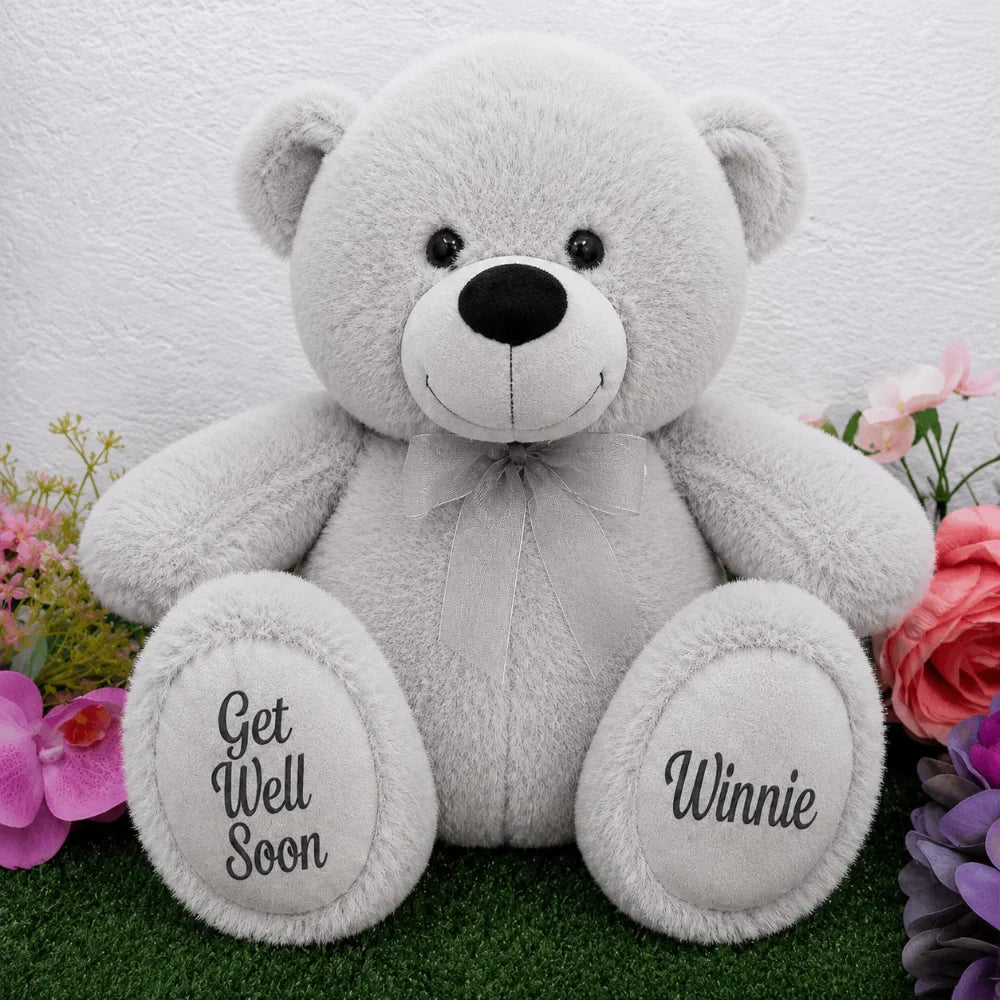 30cm Silver Bear Get Well Soon Personalised Message on Feet