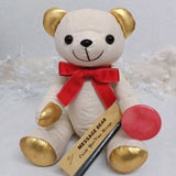 80th Birthday Signature Bear Gold Ears/Red Bow with Personalised Badge
