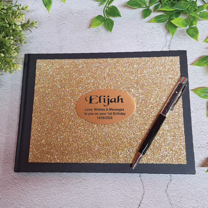 Personalised Guest Book Gold Glitter With Pen 1st Birthday A5