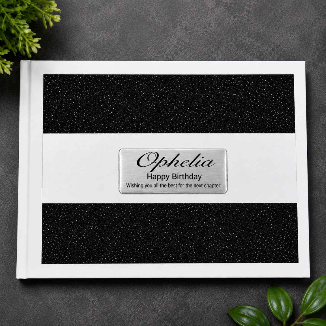Personalised White Black Glitter Birthday Guest Book with Custom Plaque