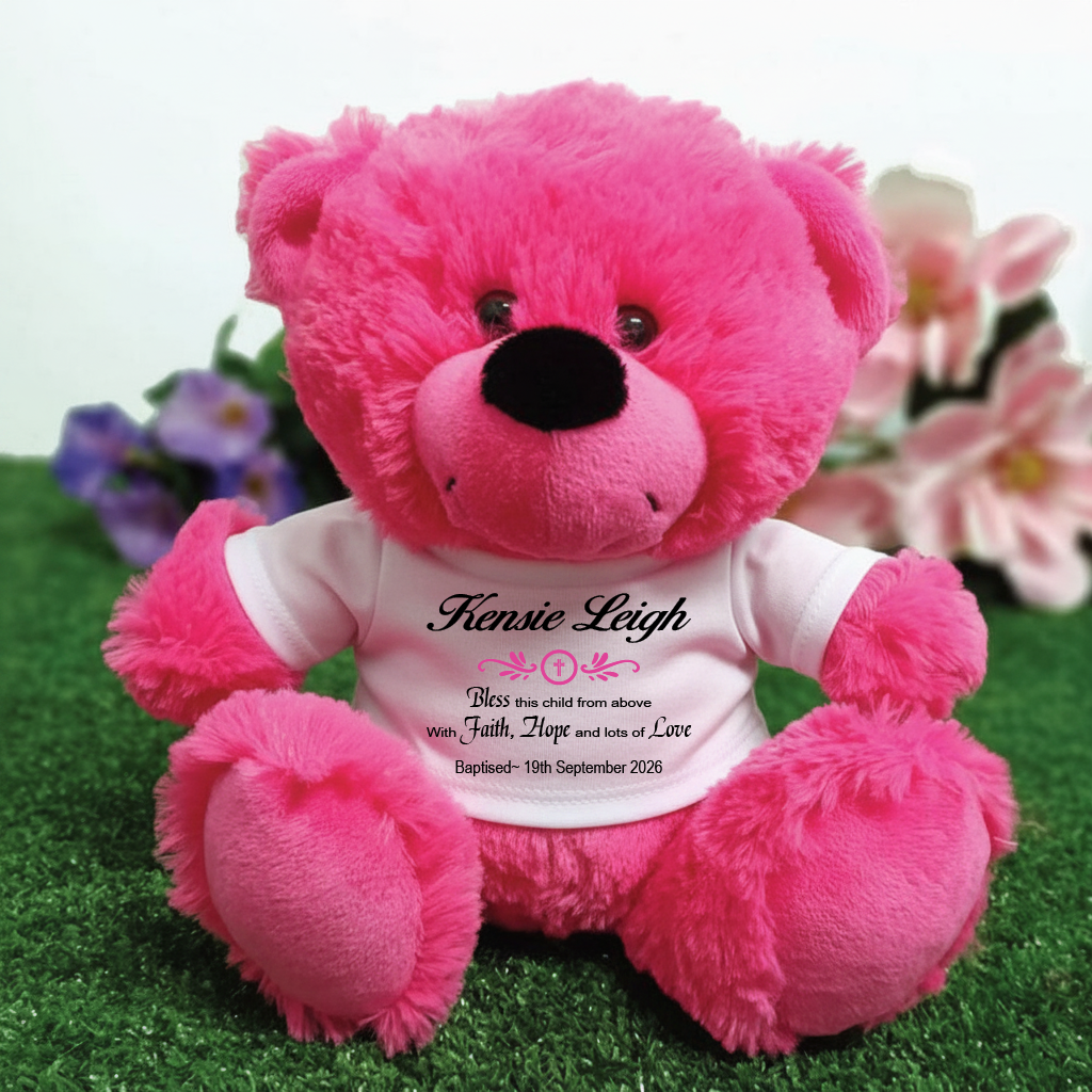 23cm Hot Pink Bear for Baptism with Personalised Shirt