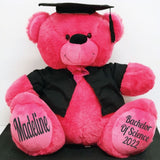 30cm Hot Pink Bear Graduation Bear with Cape and Gown Personalised Message on Feet