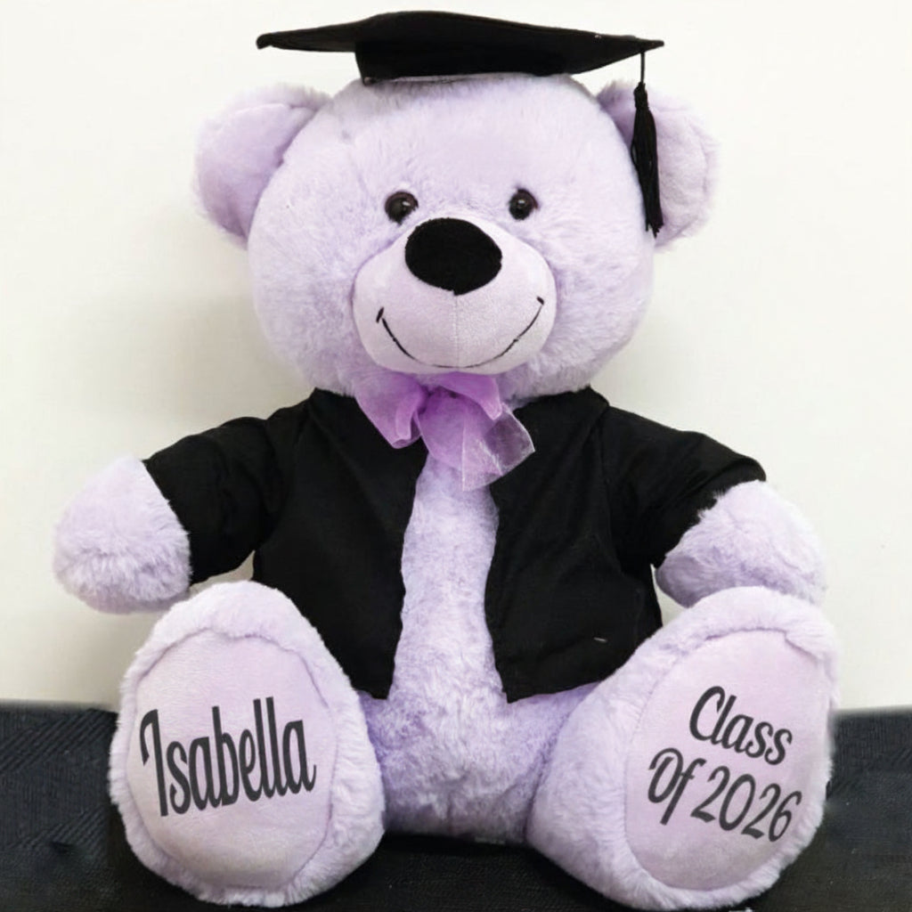 30cm Lavender Bear Graduation Gift with Cap and Gown Personalised on Feet