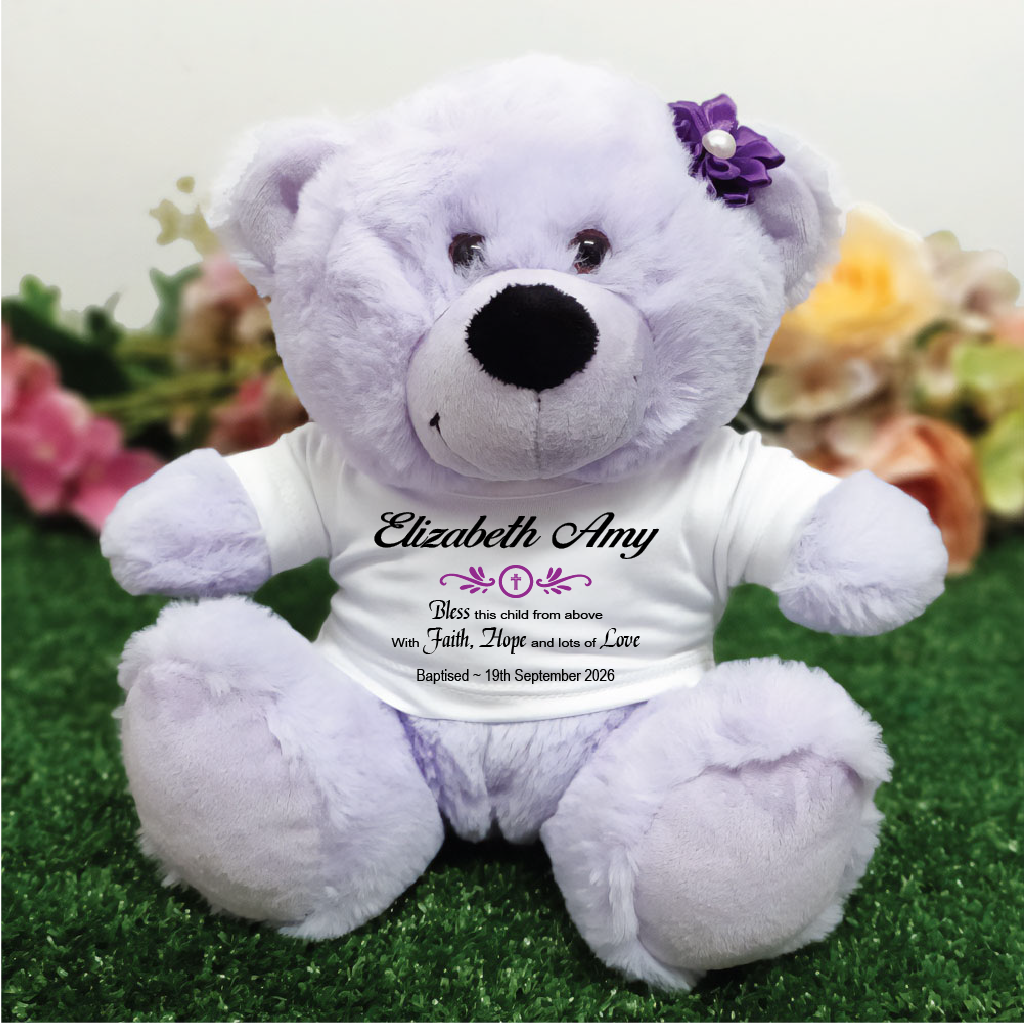 23cm Lavender Bear for Baptism with Personalised Shirt