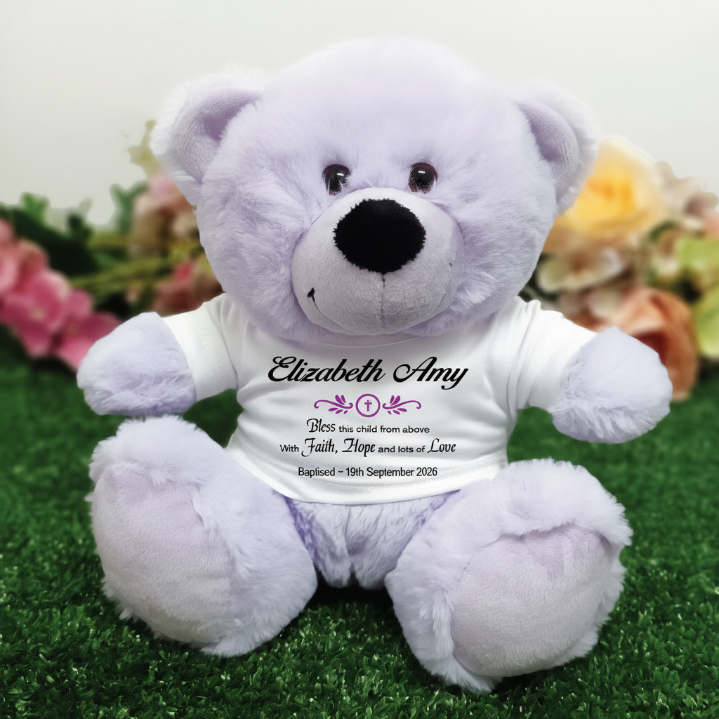23cm Lavender Bear for Baptism with Personalised Shirt