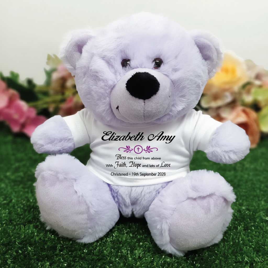Personalised Lavender Christening Teddy Bear – Custom Baby Christening Gift