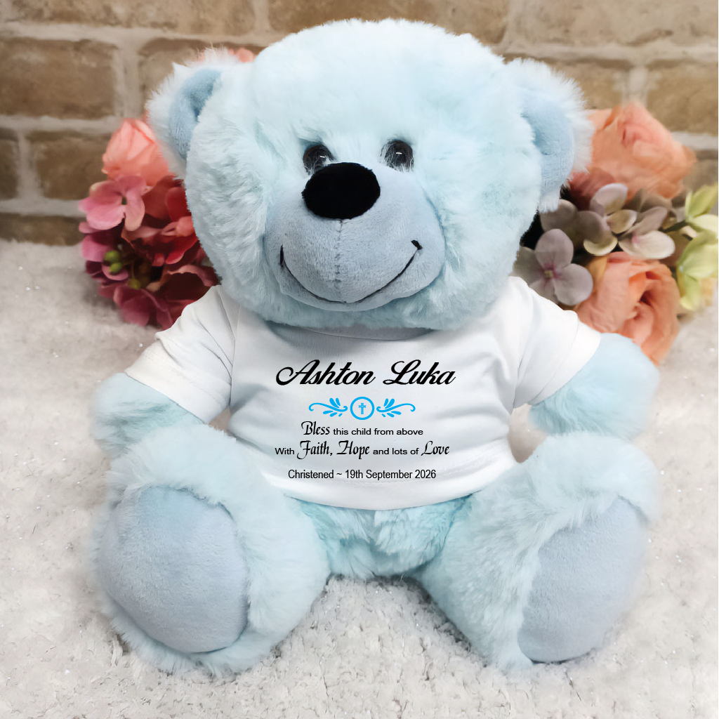 Personalised Light Blue Christening Bear – Custom Christening Gift for Boys