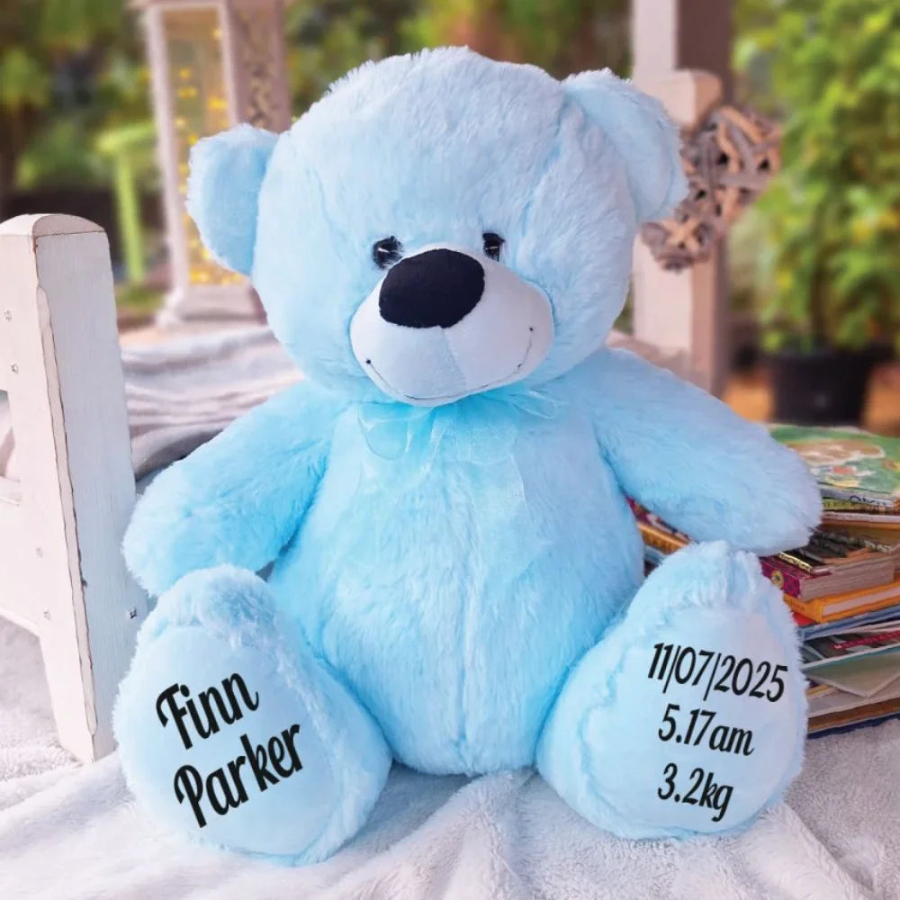 Light Blue Bear 40cm New Born Baby Personalised Message on Feet
