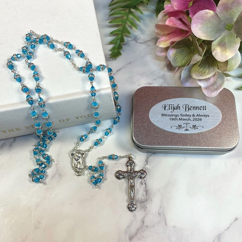 Aqua Diamante Rosary Beads Naming Day with Plaque Inscription