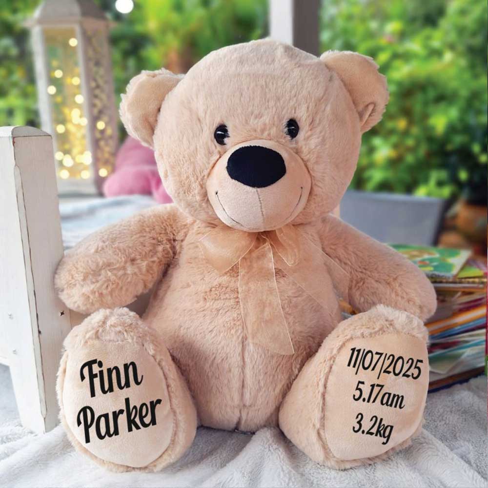 Beige Bear 30cm Baby New Born Personalised Message on Feet