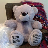 Personalised 30cm Silver Bear New Born Gift with Message on Feet
