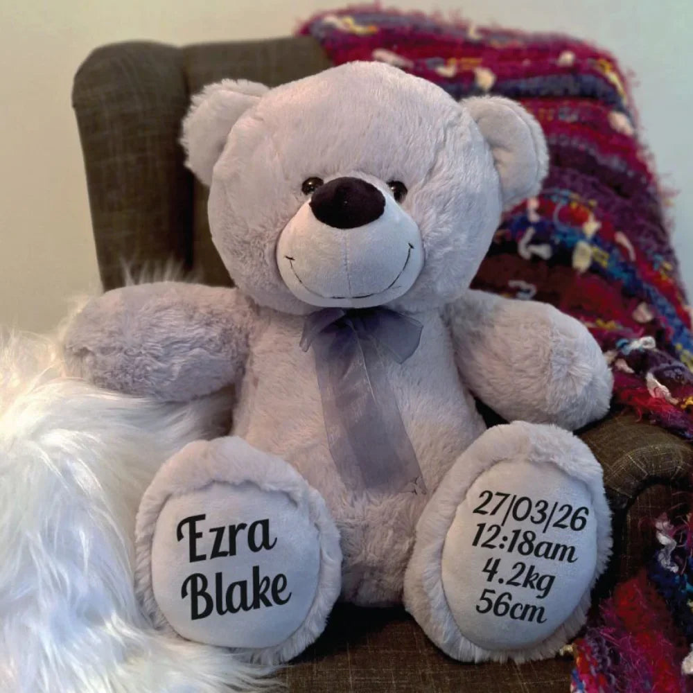 Baby New Born Silver Bear Plush 40cm with Personalised Feet