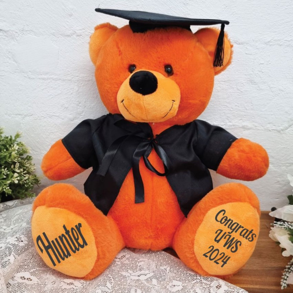 30cm Orange Bear Graduation Gift with Cape and Gown – Message on Feet