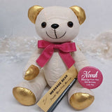 Personalised Signature Bear 50th Birthday Gold Ears/Pink Bow and Badge