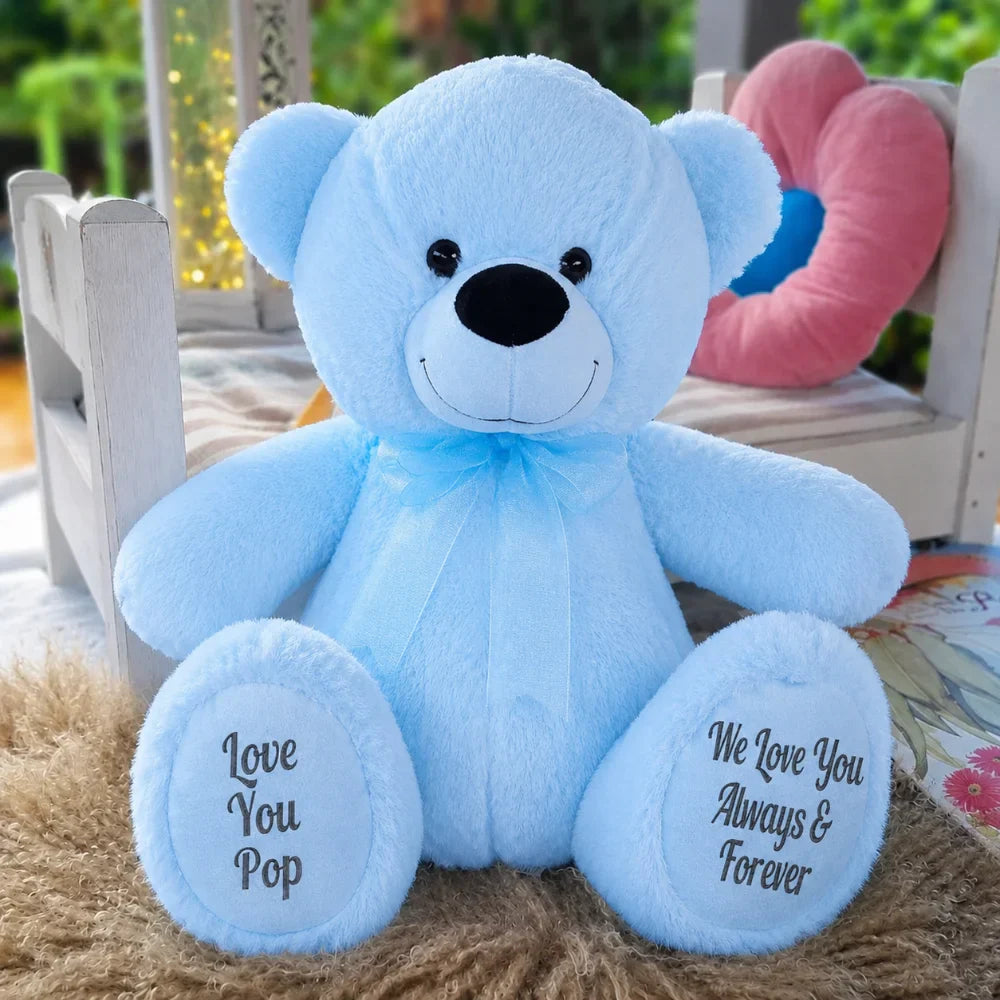 Light Blue Bear 40cm Personalised Message on Feet for Pop