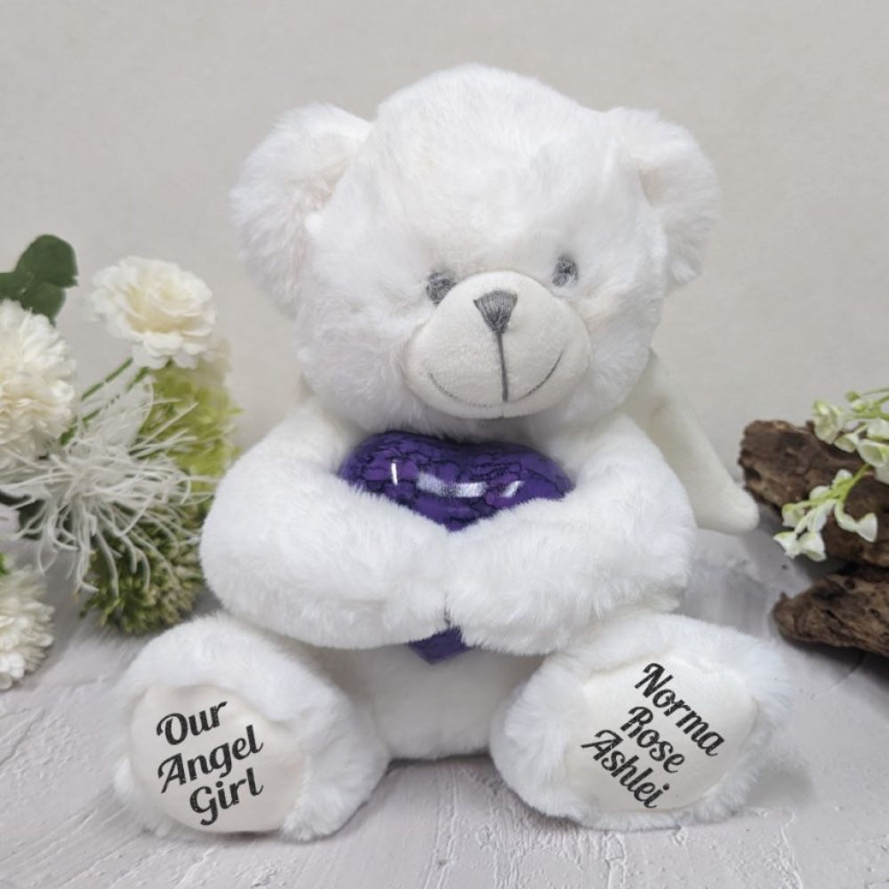 23cm Angel Memorial Bear with Purple Urn – Message on Feet