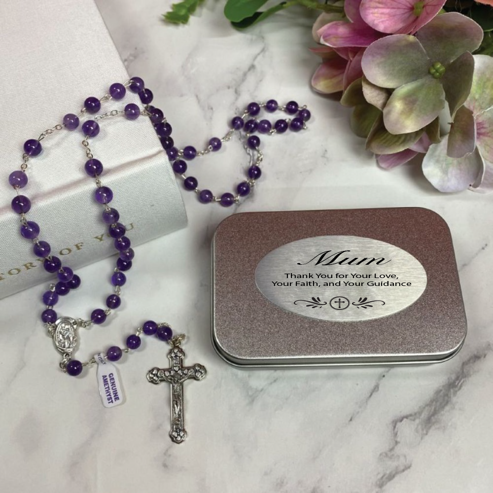 Amethyst Rosary Beads with Personalised Tin
