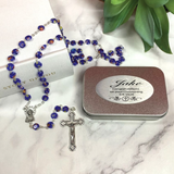 Blue Murano Rosary Beads Personalised Tin