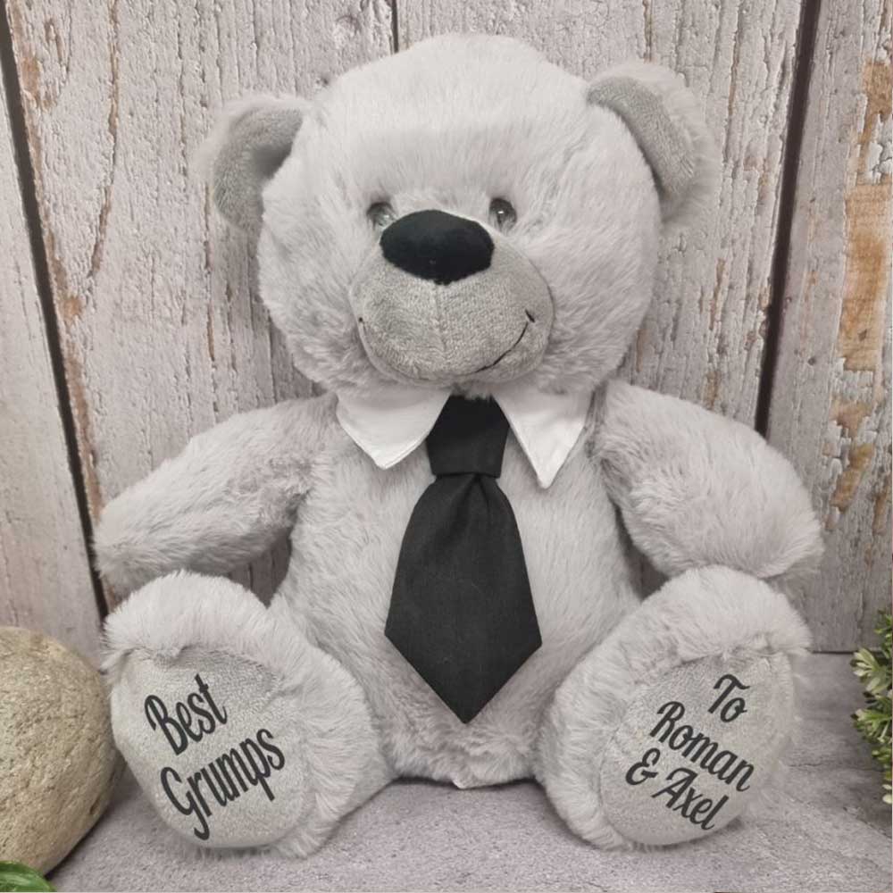 30cm Silver Bear with Black Tie for Grandpa Personalised on Feet
