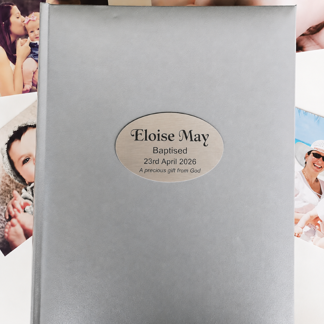 Baptism Silver Glamour Album 300 Photos with Personalised Plaque