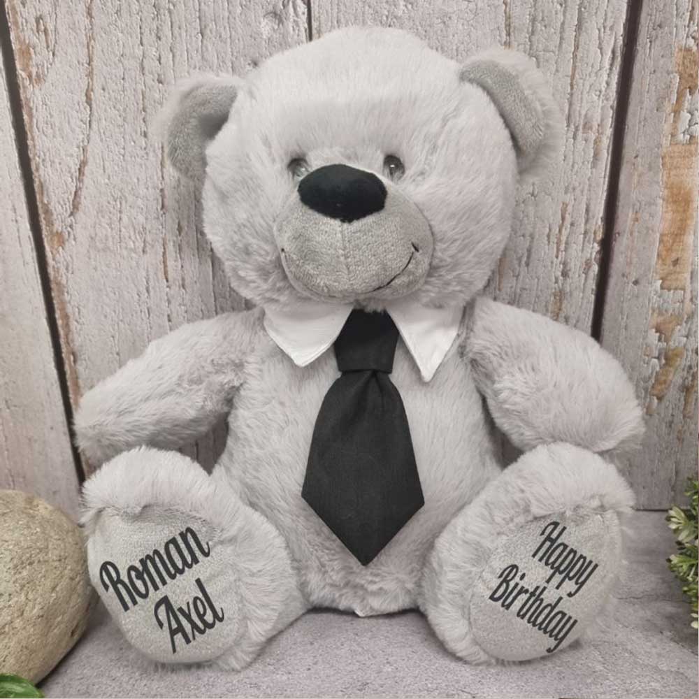 30cm Silver Bear with Black Tie Birthday Message on Feet