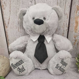 30cm Silver Bear with Black Tie Birthday Message on Feet