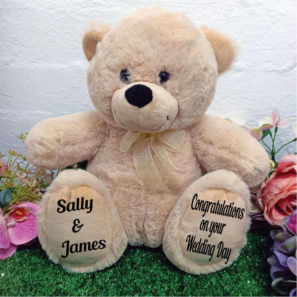 Wedding 40cm Beige Zipper Bear with Recorder Heart and Personalised Feet Message